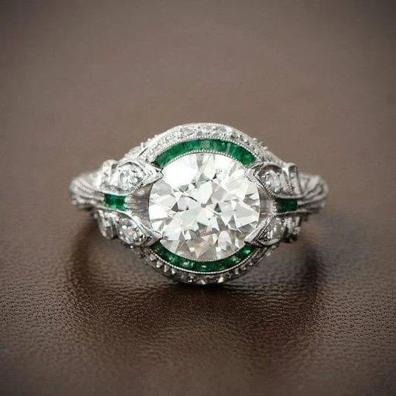 Anillo vintage de cristal verde con circonita blanca