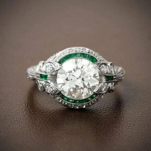 Anillo vintage de cristal verde con circonita blanca