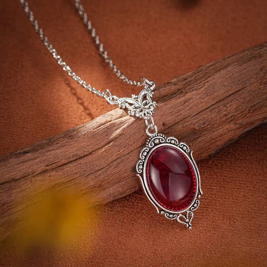 Handcrafted Silver Ornate Red Crystal Necklace