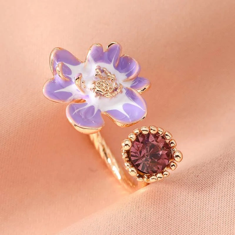 Anillo abierto vintage con flor morada y piedra preciosa lavanda