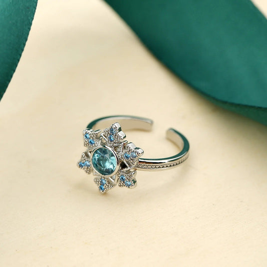 Vintage Silver Blue Crystal Snowflake Adjustable Ring