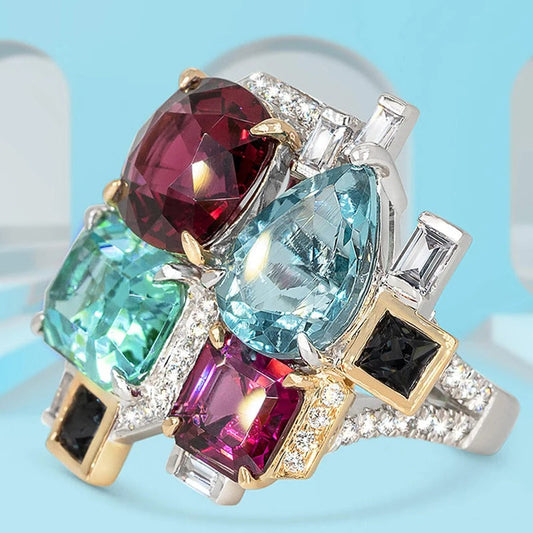 Bague vintage en argent ornée de pierres précieuses multicolores