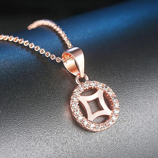 Classic Rose Gold Crystalline Circle Pendant Necklace