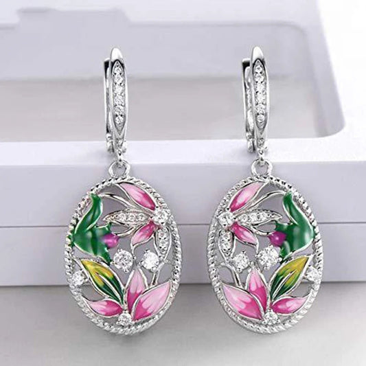 Pendientes colgantes de cristal con flores de plata