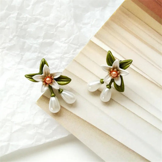 White Flower Pearl Drop Earrings