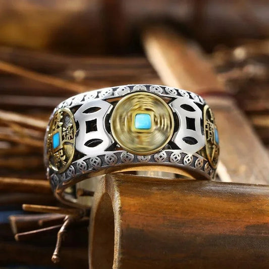 Classic Silver Inlaid Copper Coin Turquoise Adjustable Ring