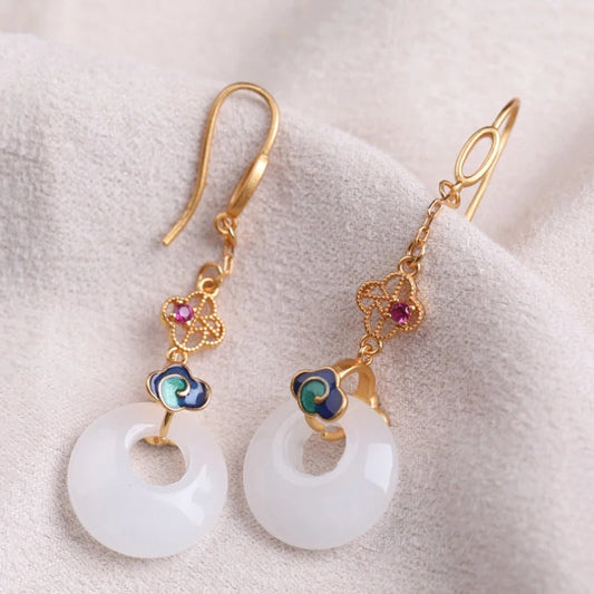 Vintage Gold White Jade Round Tassel Earrings