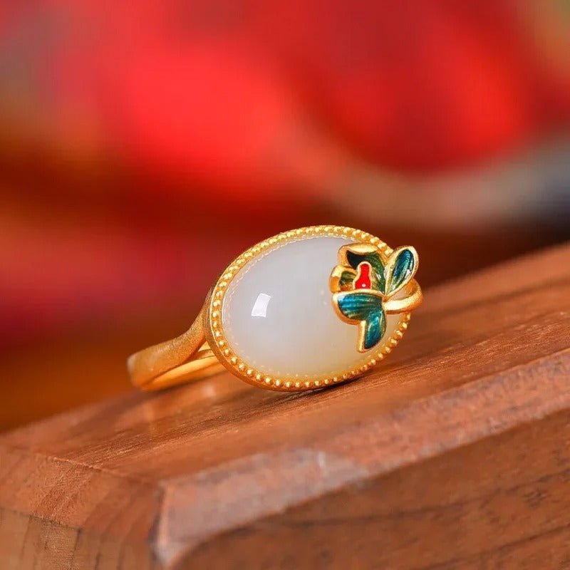 Classic Floral & Oval Gemstone Gold Adjustable Ring