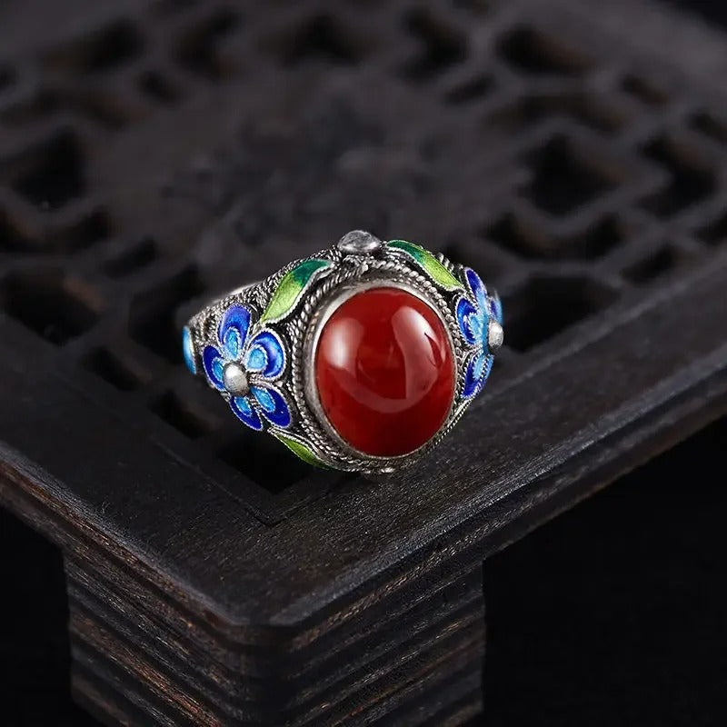 Anillo ajustable vintage de turmalina roja del sur con incrustaciones de plata