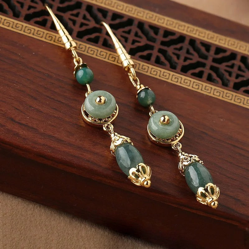 Boucles d'oreilles pendantes classiques en jaspe doré et vert