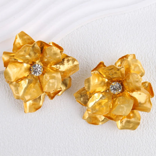 Pendientes grandes de cristal floral artístico dorado