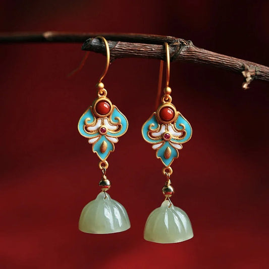 Vintage Gold Enamel & Coral Teardrop Earrings