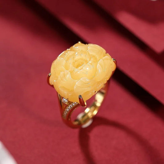 Vintage Natural Yellow Peony Flower Adjustable Ring