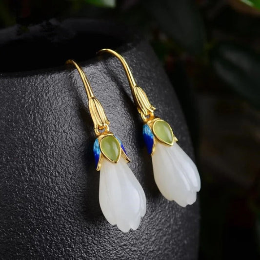 Classic Gold & White Flower Green Stone Dangle Earrings