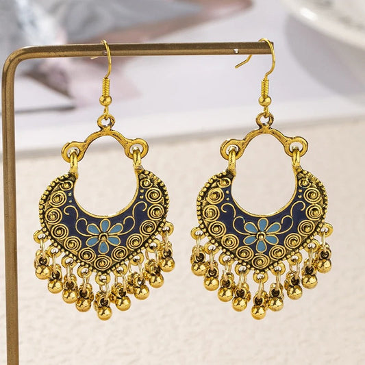 Pendientes colgantes vintage con borlas azules y doradas