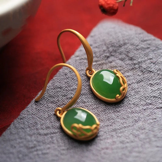 Vintage Green Oval Drop Banquet Jewelry Earrings