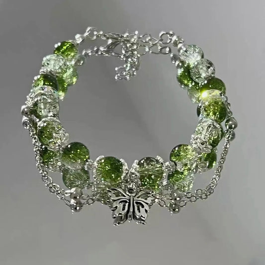 Vintage Silver Butterfly & Green Bead Bracelet
