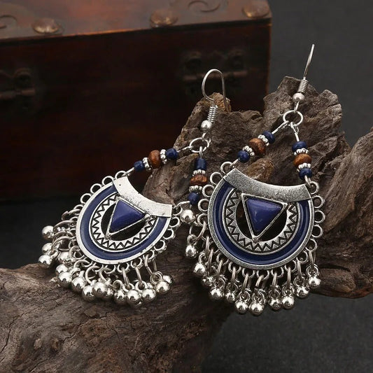 Pendientes vintage de borlas tribales de plata en tonos azules