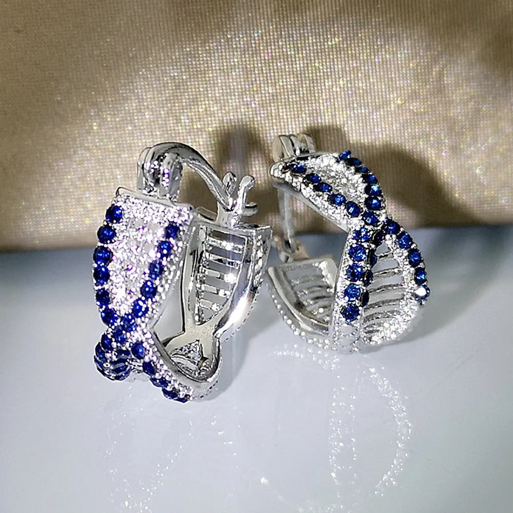 Pendientes de aro con cristales azules plateados