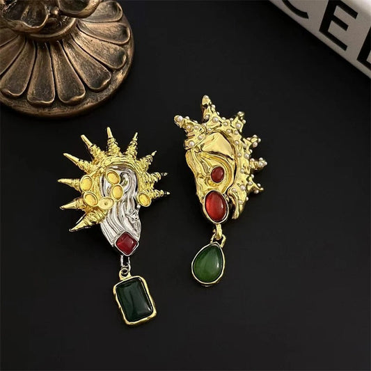 Vintage Gold & Silver Spiked Shell Colored Accent Stone Earrings