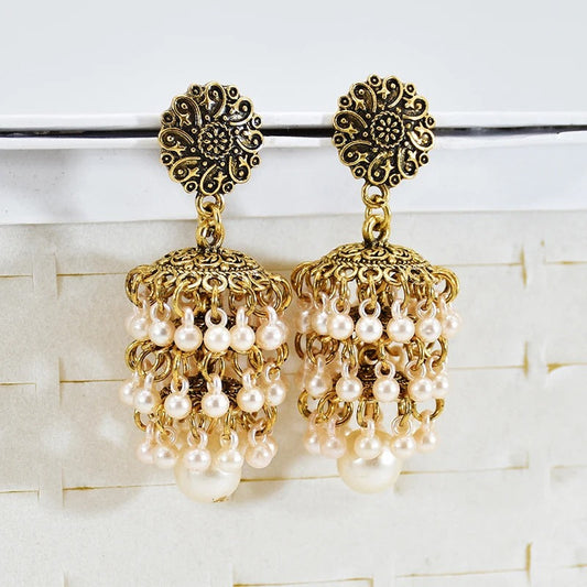 Handmade Gold Pearl Bead Tassel Earrings