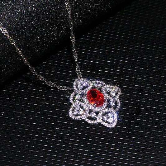 Retro Red Crystal & Intricate Silver Square Necklace