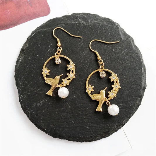Gold Bird Flower & Pearl Drop Earrings