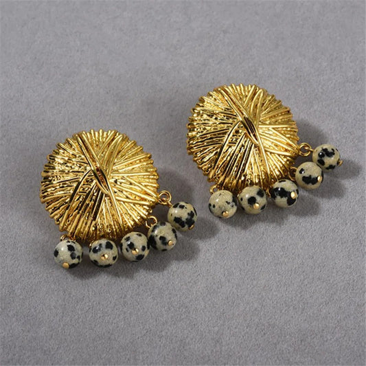 Pendientes colgantes retro de piedra dálmata dorada