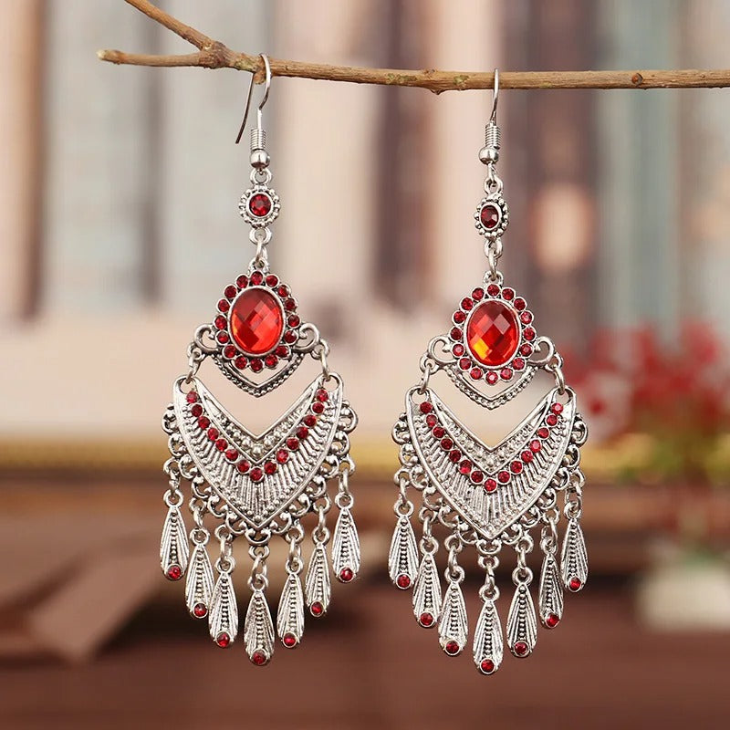 Pendientes de plata estilo bohemio vintage con cristales rojos