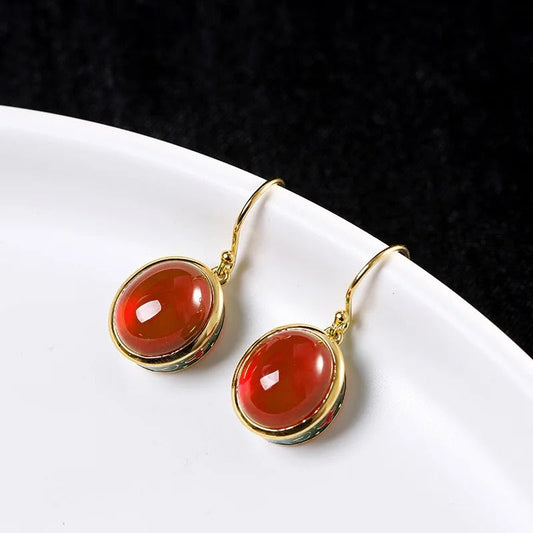 Vintage Gold & Red Oval Gemstone Ruby Drop Earrings