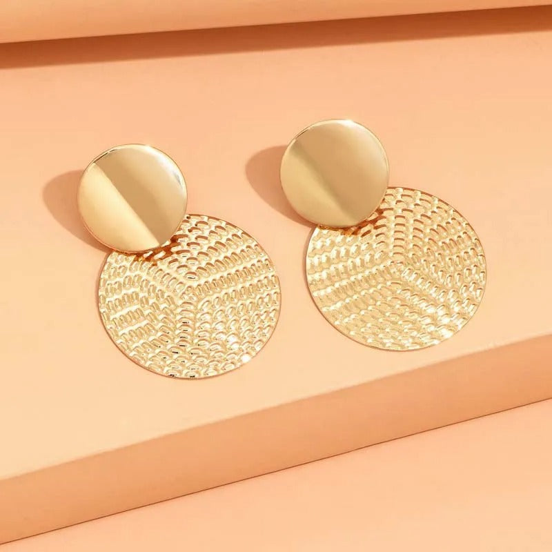 Bohemian Gold Textured Circle Pendant Earrings