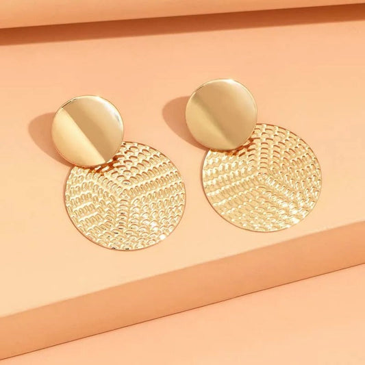 Bohemian Gold Textured Circle Pendant Earrings