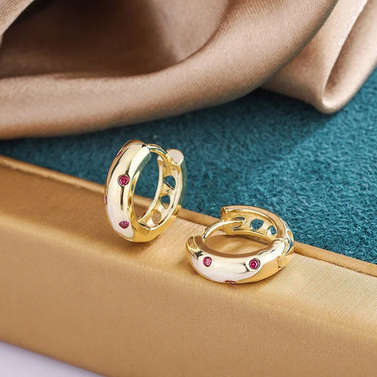 Vintage Gold Red Stone Huggie Earrings