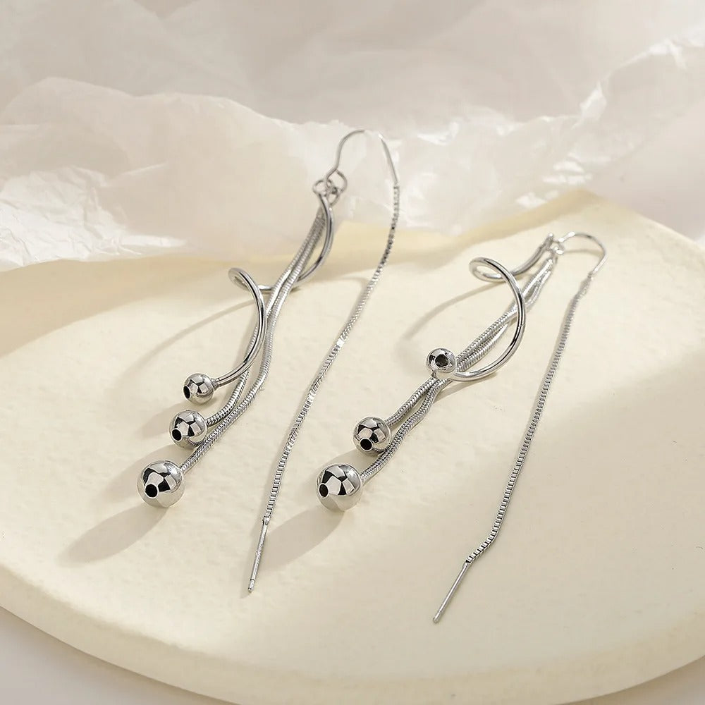 Vintage Silver Ball Long Drop Earrings