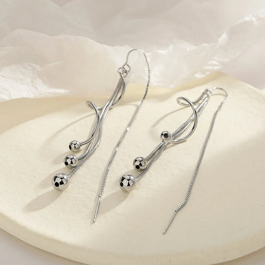 Vintage Silver Ball Long Drop Earrings