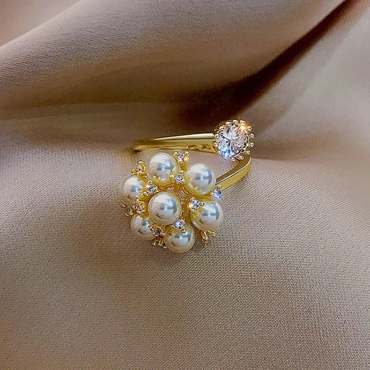 Vintage Pearl & Crystal Flower Adjustable Ring