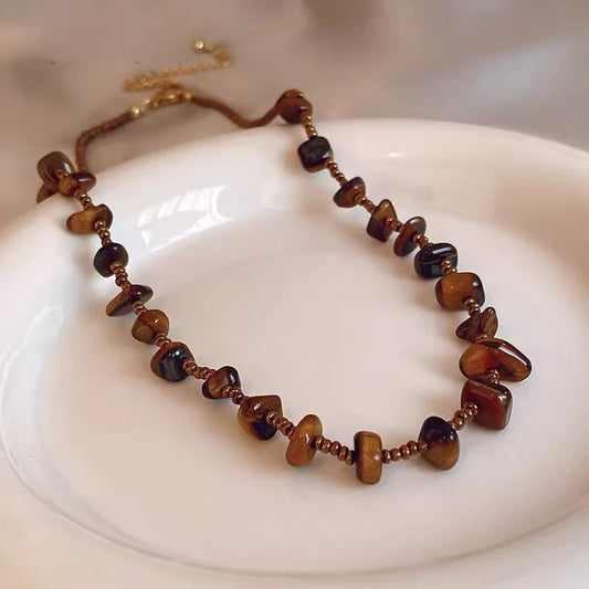 Collier vintage en pierre œil de tigre marron