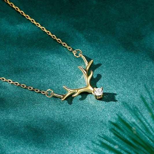 Collier vintage en or, bois de cerf et cristal