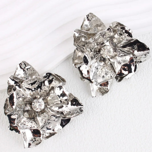 Vintage Silver Big Flower Crystal Earrings