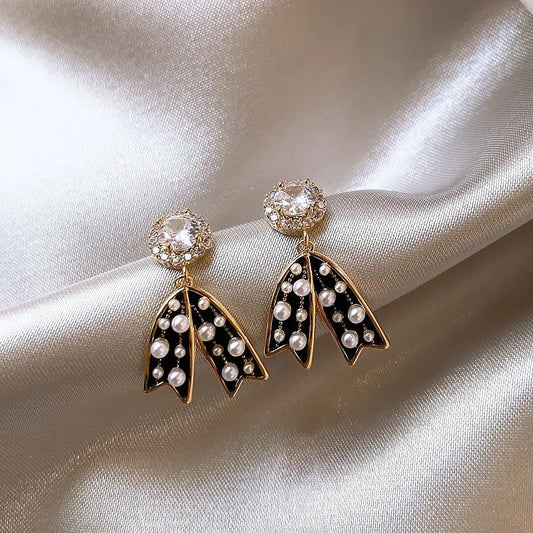 Vintage Black Bow Pearl Pendant Earrings