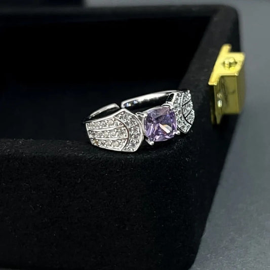 Vintage Silver & Square Purple Gemstone Adjustable Ring