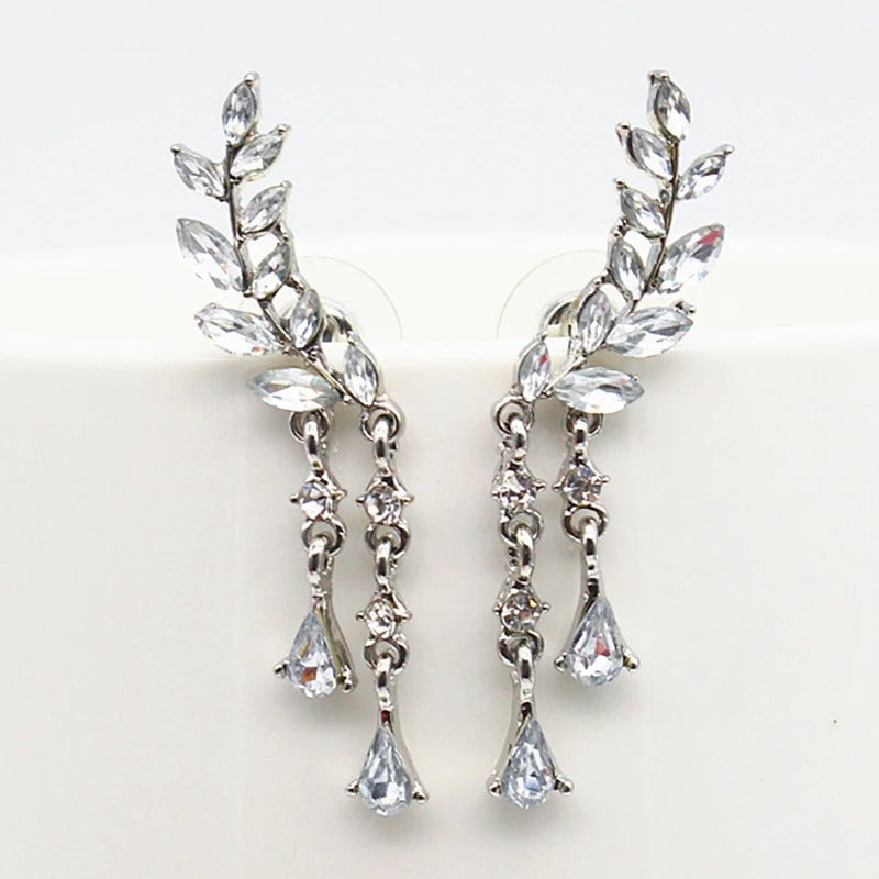 Pendientes colgantes de cristal con diseño de hoja de plata