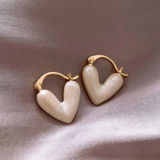 Vintage White Heart Gold Hoop Earrings