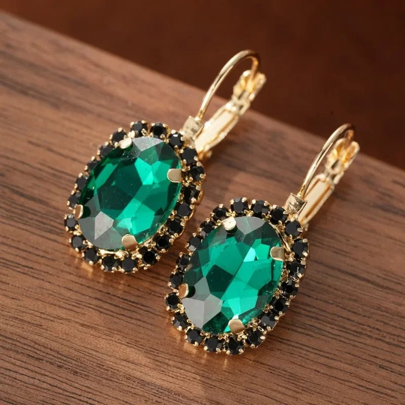 Gold Oval Green Gemstone Drop Earrings