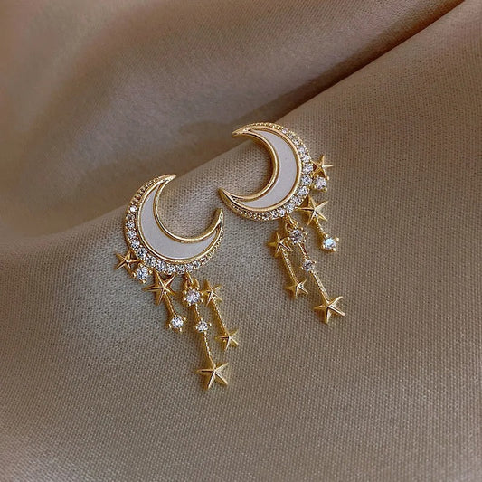 Vintage Gold Moon & Star Crystal Drop Earrings