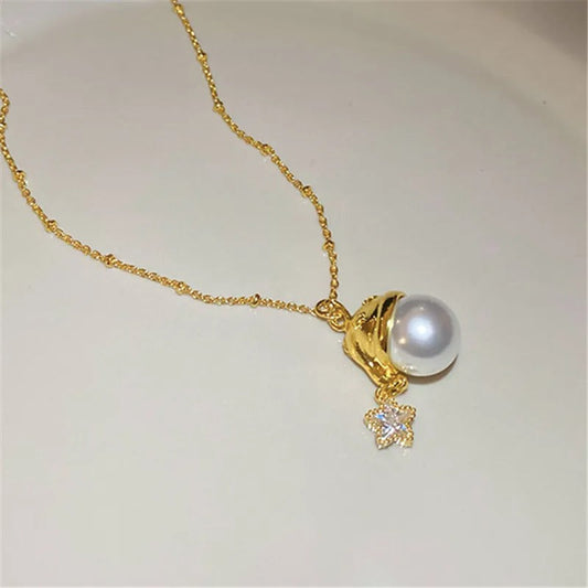 Vintage Gold Pearl Pendant & Star Charm Necklace