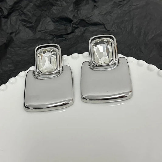 Pendientes de botón de cristal cuadrado de plata