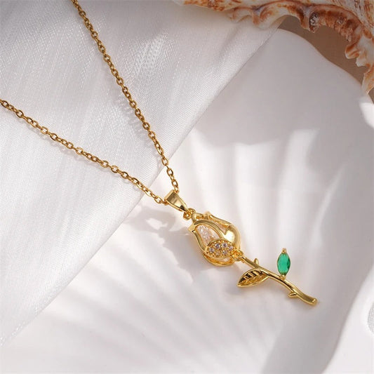 Gold Rose & Crystal Flower Necklace