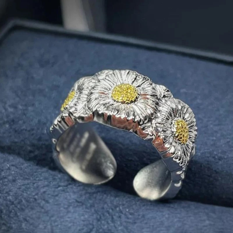 Bague ajustable classique argentée et jaune à motif marguerite