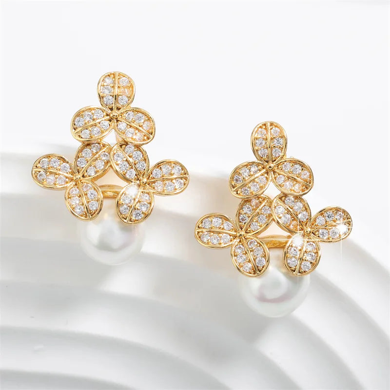 Gold Vintage Floral Pearl Drop Earrings